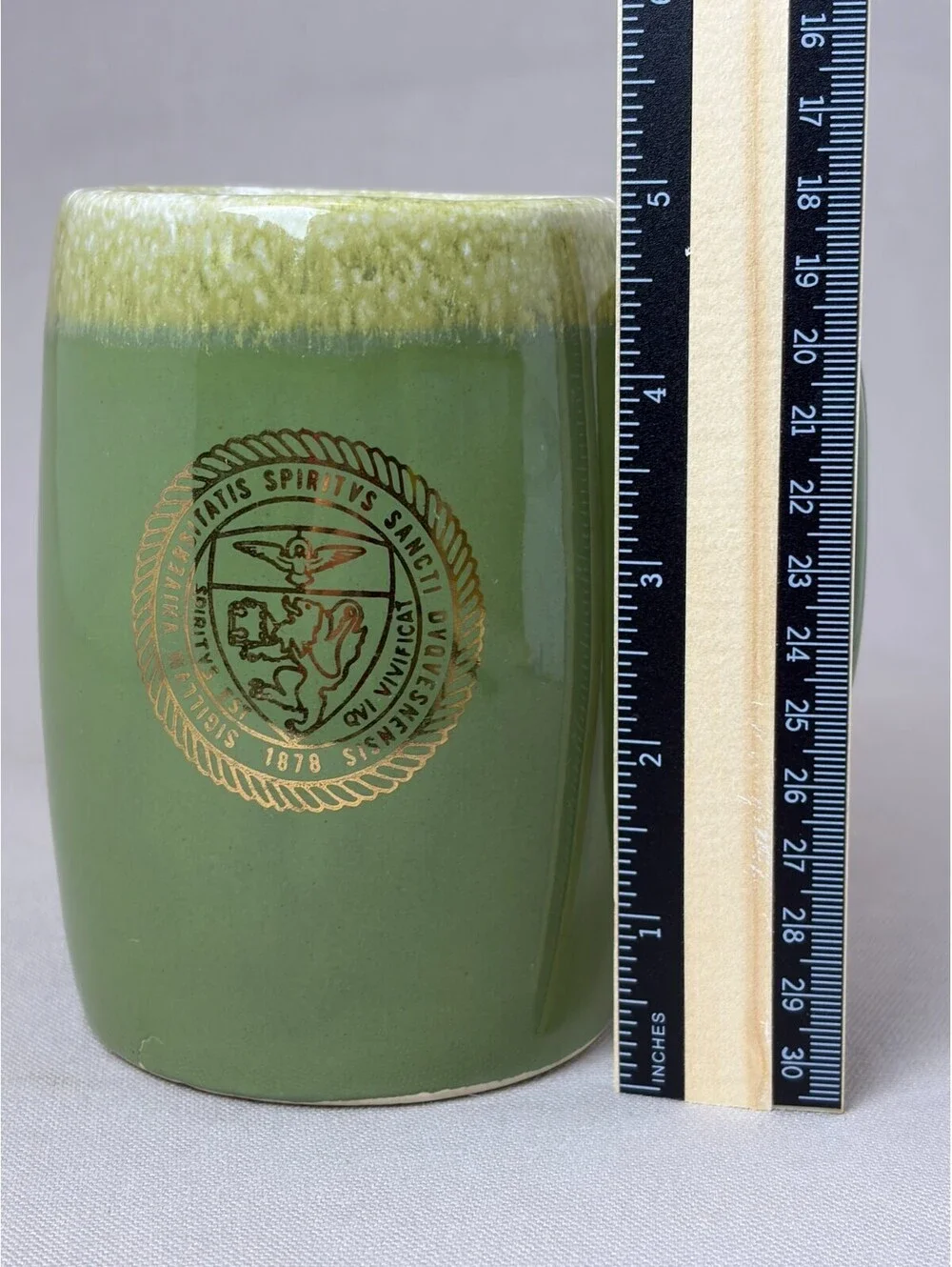 Vintage Duquesne University Seal Beer Stein Coffee Mug Green Drip Glaze Gold Cre